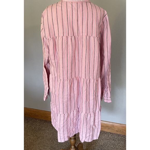 J. Jill Love Linen Shirt Dress MED Pink Stripe Button Front Tiered Ruffle Boho - Picture 6 of 12